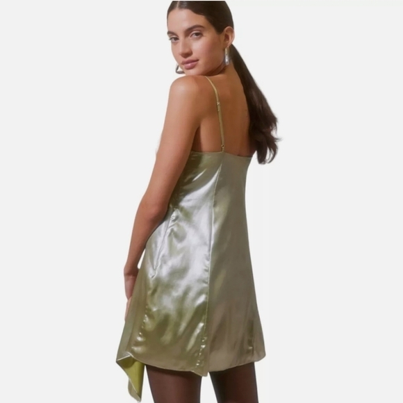 Urban Outfitters Mallory Asymmetrical Metallic Lime Green Slip Dress Size Medium - Picture 3 of 11